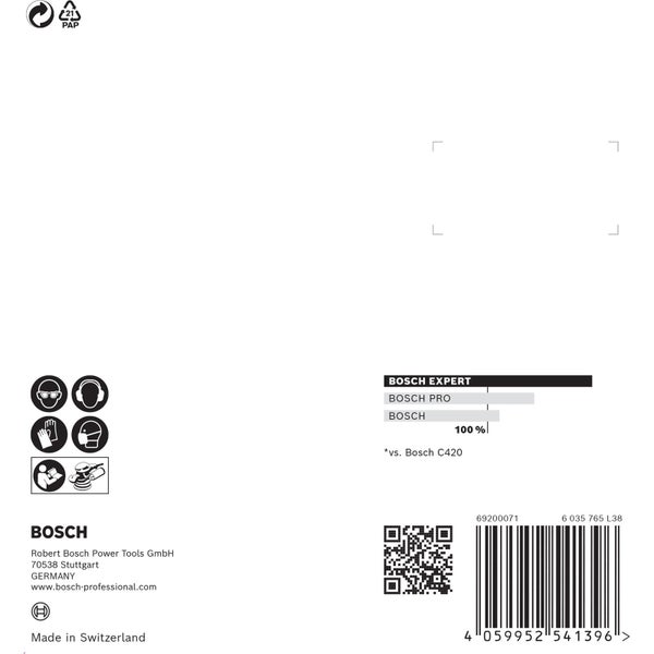 Papierverpackung recycelbar. Schutzsymbole für Augen, Ohren, Hände und Atemwege. Bosch Logo. Produktvergleich Bosch Expert, Bosch Pro, Bosch. Barcode.