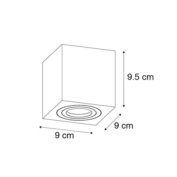 Technische Zeichnung einer Deckenleuchte mit den Maßen 9,5 cm Höhe und 9 cm Breite.