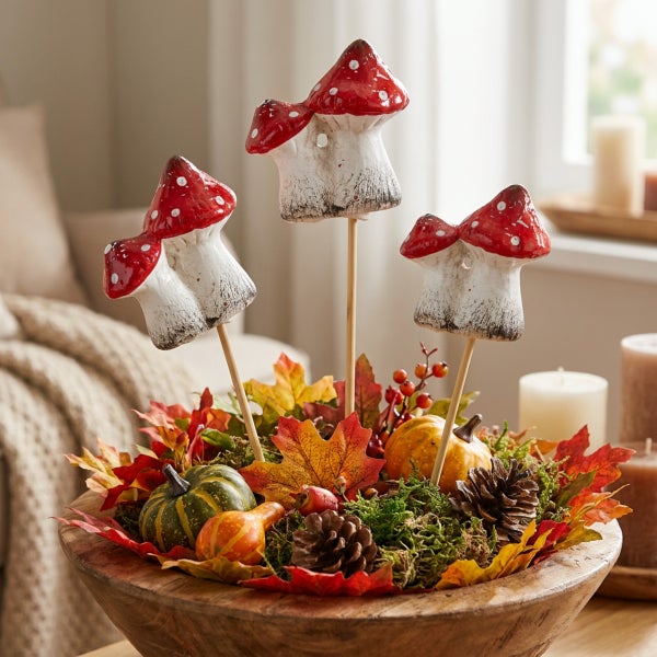 Herbstliche Tischdekoration in einer Holzschale mit drei Pilzsteckern aus Keramik, Zierkürbissen, Zapfen und bunten Ahornblättern.