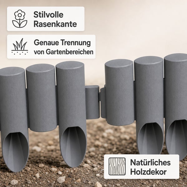 Stilvolle Rasenkante in Holzoptik zur sauberen Trennung von Gartenbereichen aus Kunststoff.