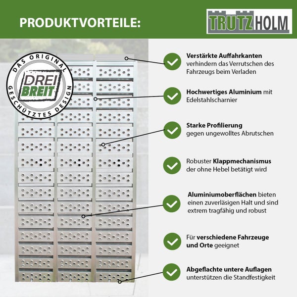 Produktvorteile der Trutzholm Auffahrrampe mit verstärkten Auffahrkanten, hochwertigem Aluminium, starker Profilierung, robustem Klappmechanismus und abgeflachten Auflagen