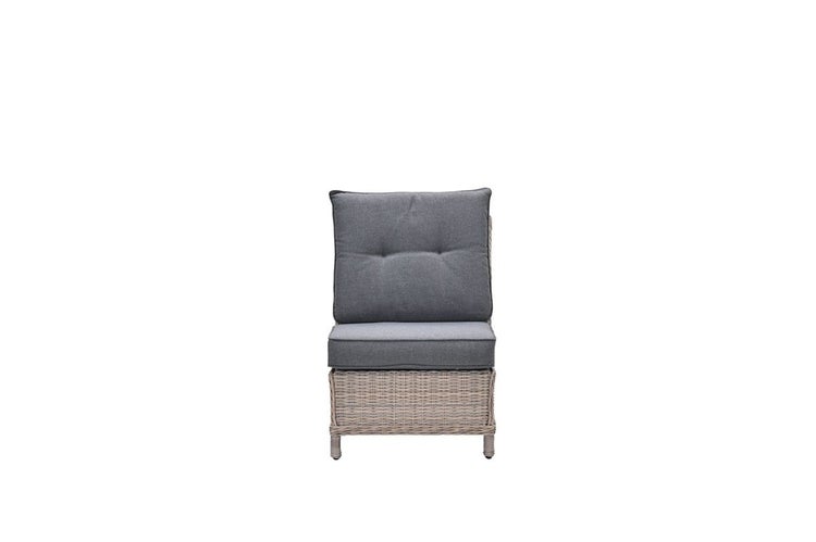 Lounge-Mittelelement aus Polyrattan-Geflecht mit grauen Sitz- und Rückenkissen für den Garten.