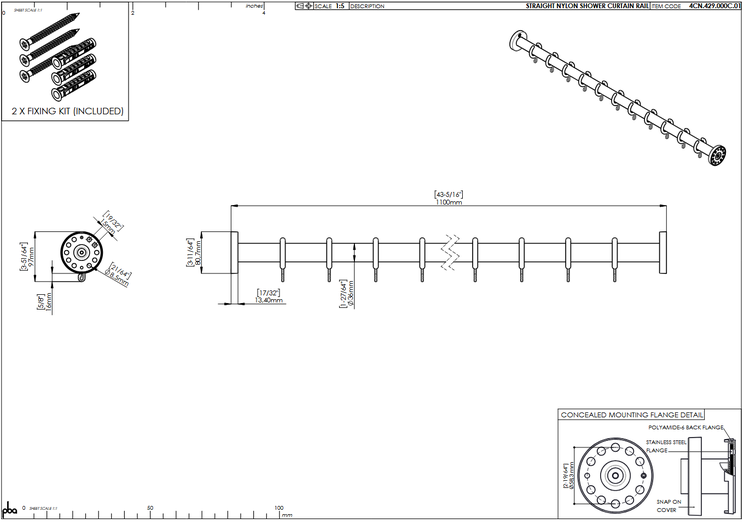 Technische Zeichnung einer geraden Duschvorhangstange aus Nylon, Länge 1100 Millimeter, inklusive Ringen, Befestigungsset und Maßangaben.