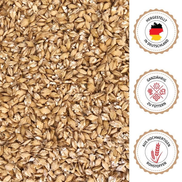 Gerste als Tierfutter mit den Siegeln hergestellt in Deutschland, ganzjährig zu füttern und aus hochwertigen Rohstoffen