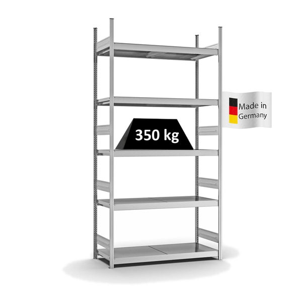 PROREGAL Weitspannregal Stecksystem T-Profil Grundregal HxBxT 300x150x50 cm 5 Ebenen Stahlplatten Fachboden Fachlast 350 kg Verzinkt