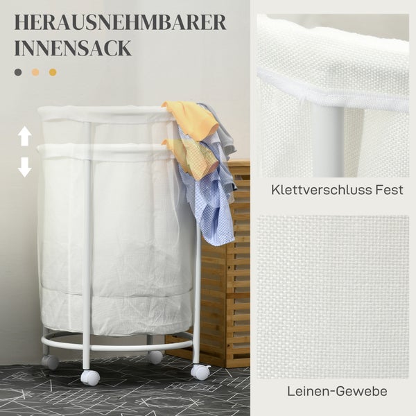 HOMCOM Wäschekorb 100L Wäschesammler mit Rollen, Stahlrahmen, Wäschebox mit herausnehmbarem Wäschesack für Badezimmer, Creme