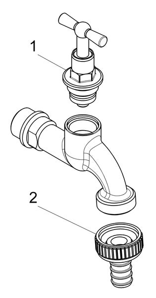 Explosionszeichnung eines Auslaufventils mit nummeriertem Oberteil und Schlauchverschraubung.