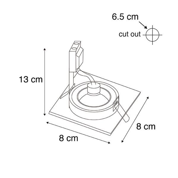 Maßzeichnung eines quadratischen Einbaustrahlers mit einer Höhe von 13 Zentimetern, einer Breite von 8 Zentimetern und einem Ausschnitt von 6,5 Zentimetern.