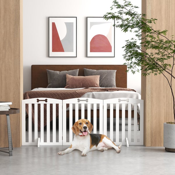 PawHut Absperrgitter Hund 3-teilig, 155 x 61 cm Faltbar Türschutzgitter mit 2 Stützfüßen, Freistehend Hundegitter, Treppengitter für mittelgroße Hunde, für Flur, Treppe, Weiß
