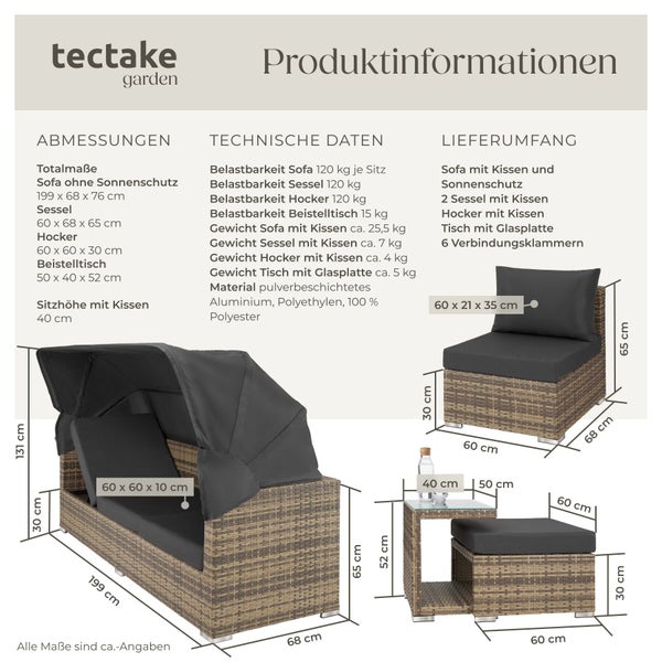 tectake garden Logo. Produktinformationen für ein Gartenmöbel-Set aus Polyrattan mit Abmessungen, technischen Daten und Lieferumfang.