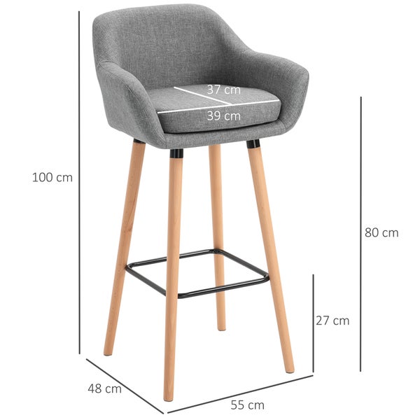 HOMCOM Barhocker 2er Set, Barstuhl mit Sitzkissen, Holzbeine, Rückenlehne und Armlehnen, Küchenstühle mit Fußstütze aus Holz, Tresenhocker für Küche, Wohnzimmer, Esszimmer, Leinenoptik, Grau