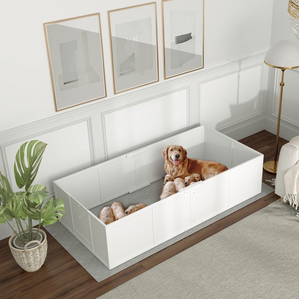PawHut Wurfkiste für Welpen, Rutschfest Welpen-Wurfbox, Welpenlaufstall mit verstellbar Tür, Hundelaufstall, Welpenauslauf für kleine bis große Hunde, 196x96x48 cm, Weiß
