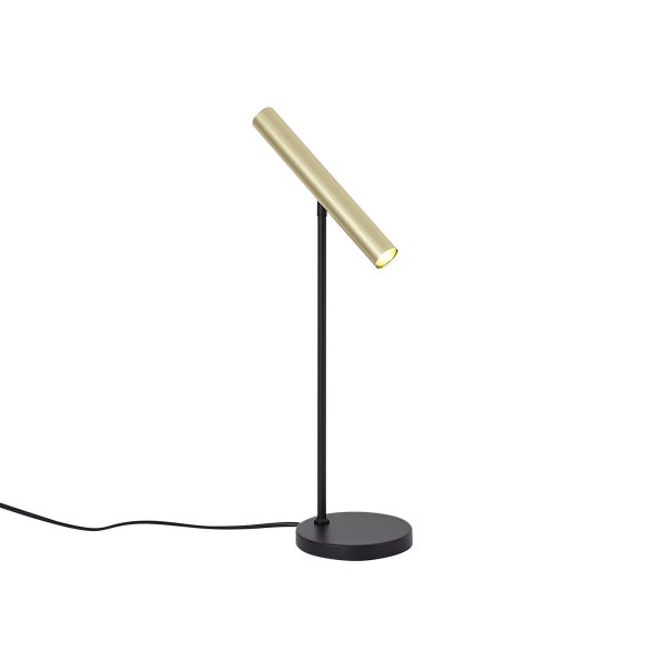 Moderne Tischleuchte mit schwarzem Standfuß und verstellbarem goldfarbenem Lampenkopf in Zylinderform.