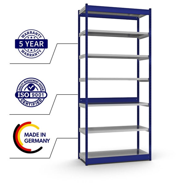 PROREGAL Fachbodenregal Stecksystem Vierkant-Profil Grundregal HxBxT 300 x 132,5 x 50 cm 7 Ebenen Einseitige Bauart Fachlast 200 kg Enzianblau