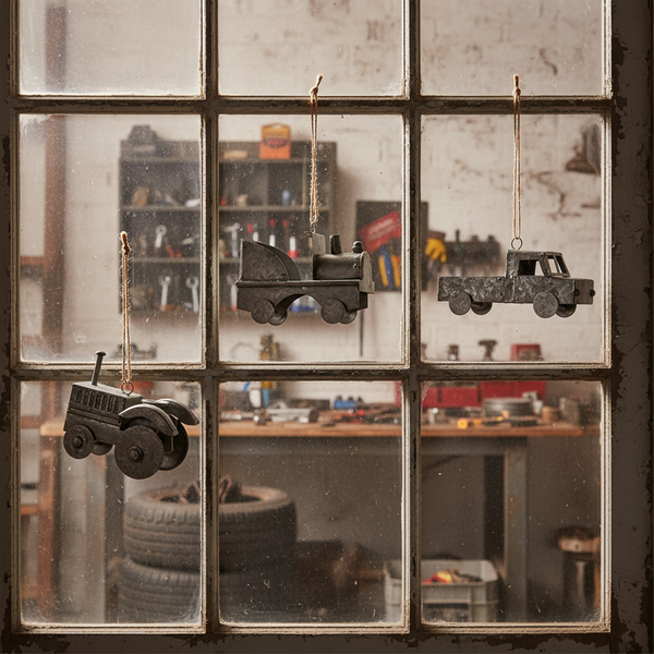 Weihnachtsanhänger aus Metall in Form von Traktor, Lokomotive und Pickup, aufgehängt an Juteschnüren vor einem Werkstattfenster.