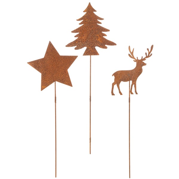 Gartenstecker aus Metall mit Rost-Optik, Motive Stern, Tannenbaum und Hirsch.