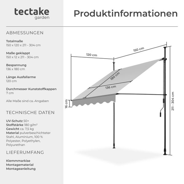 Klemmmarkise tectake  einfache Montage mit Handkurbel hellgrau