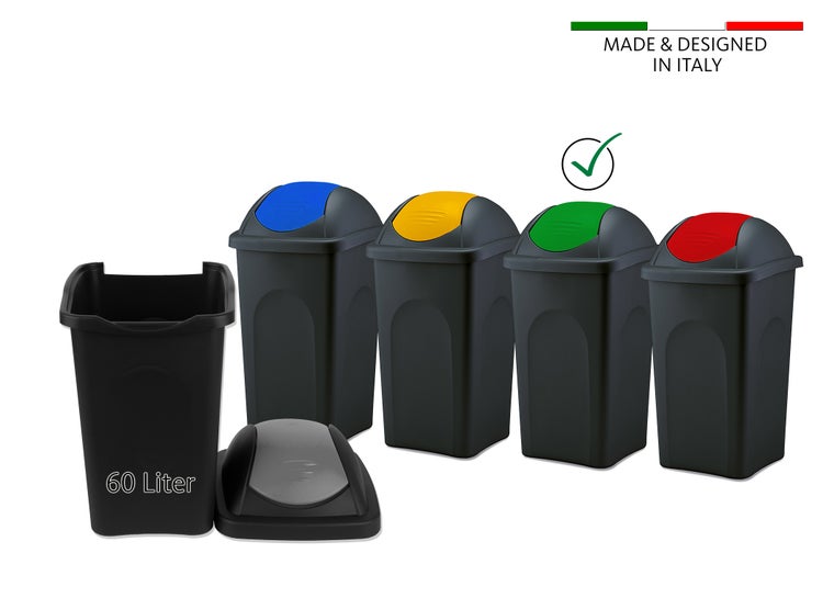 BigDean Mülleimer groß 60L - schwarz - mit Schwingdeckel grün - aus Kunststoff - Müllsammler Abfalleimer Mülltonne Abfallbehälter - Made in Italy