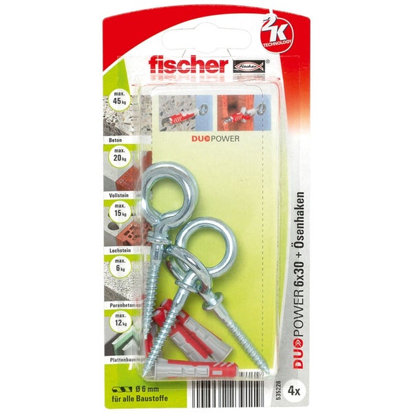 Fischer Dübel DuoPower 6x30 mit Ösenhaken, Viererpackung