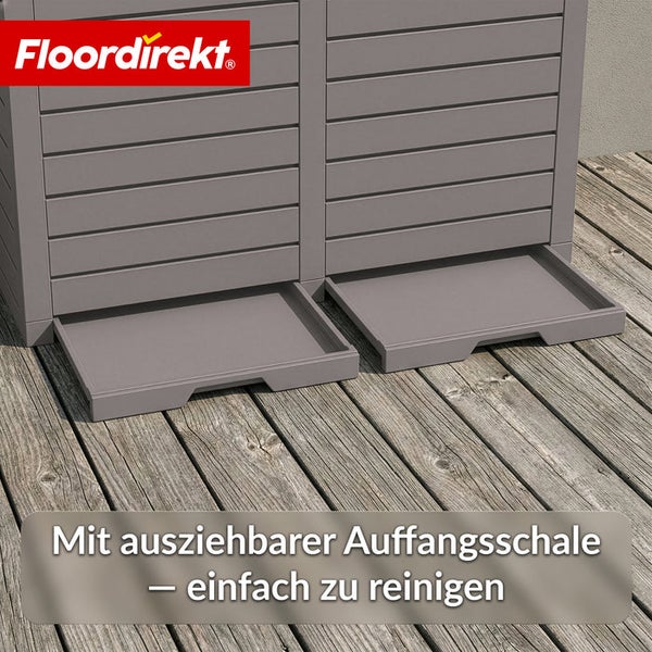 Detailansicht eines Gerätehauses mit ausziehbarer Auffangschale für einfache Reinigung. Floor direkt Logo.