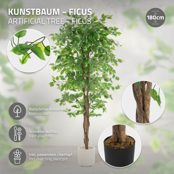 Künstlicher Ficusbaum, 180 cm hoch, mit passendem Übertopf für schnelle Montage und natürliches Aussehen