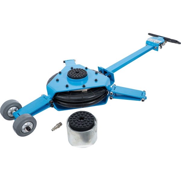 Pneumatischer Wagenheber mit Luftbalg, blauem Metallgestell, Rollen und langem Griff zur Fahrzeuganhebung.