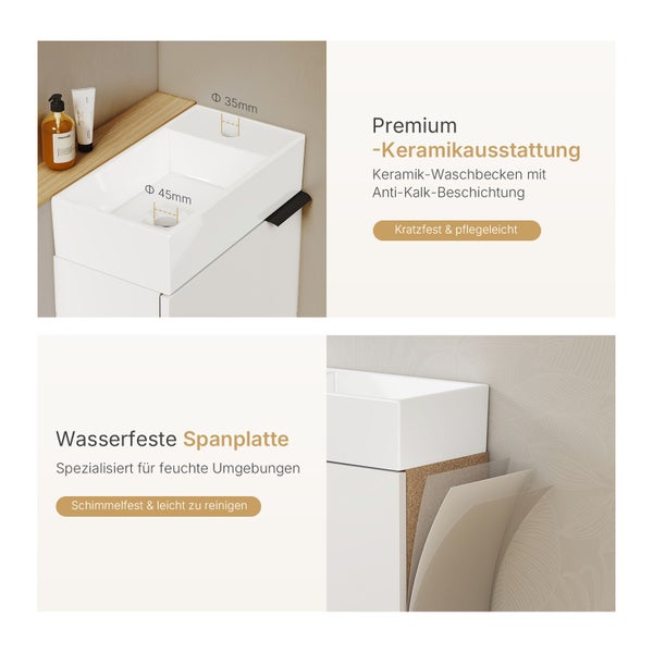 EMKE Waschbecken mit Unterschrank 417×240×646 mm, Badmöbel-Set mit Soft-Close, Türgriff, 2-fach verstellbarem Einlegeboden, Wandmontage, beidseitig montierbar,  Waschtisch-Set, Weiß