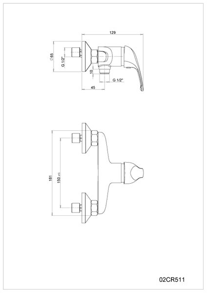 Technische Zeichnung einer Armatur mit Maßangaben