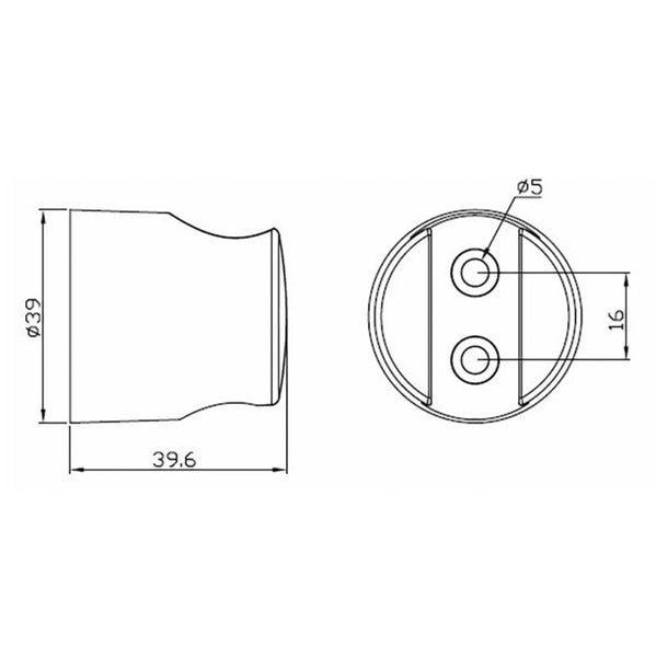 Maßzeichnung eines Möbelknopfes, Durchmesser 39 Millimeter, Höhe 39,6 Millimeter, Bohrabstand 16 Millimeter.
