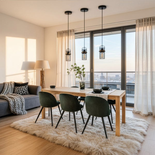 Wohnraum mit Esstisch, Stühlen, Pendelleuchten und Sofa in modernem Design.