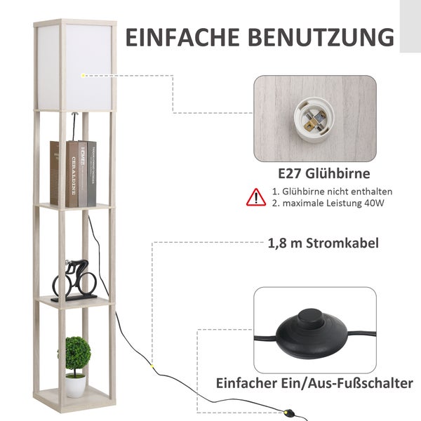 Stehlampe mit Regalelementen, E27 Fassung, 1,8 Meter Stromkabel und Fußschalter