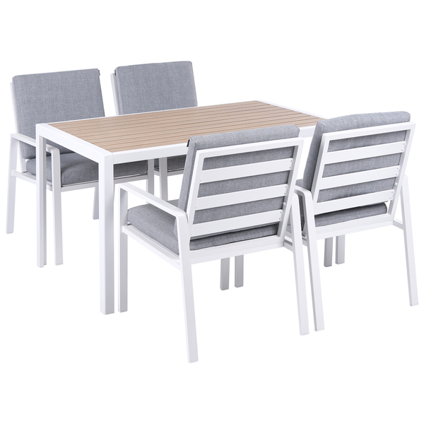 Gartentischset mit vier Stühlen und hellen Polstern