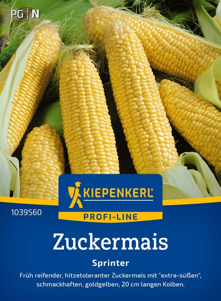 Saatgut für frühreifenden, hitzetoleranten Zuckermais Sorte Sprinter von Kiepenkerl Profi Line mit extra süßen, goldgelben Kolben.
