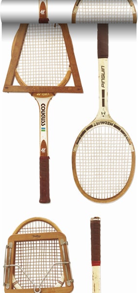 ESTAhome XXL-Vliestapete Vintage-Tennisschläger Weiß, Braun und Beige - 50 x 900 cm - 158801