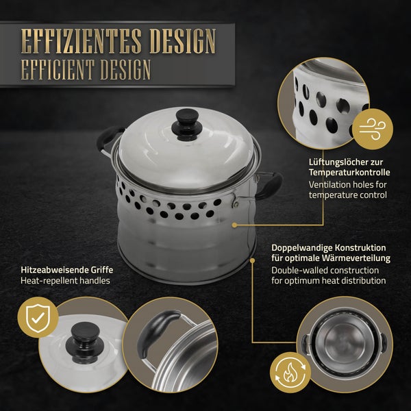 BBQ#BOSS Kochtopf aus Edelstahl für Raketenofen, Ø 24 cm, 6,8 Liter, Topf mit Deckel und Griffen, Outdoor-Kochen, Ideal zum Grillen und Kochen im Raketenofen, Für Camping, Outdoor, Garten und Terrasse