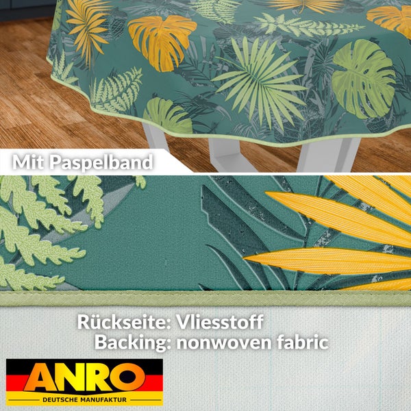 Tischdecke mit Dschungelmuster und Paspelband sowie ANRO Logo