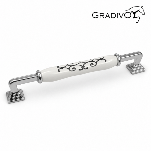 Möbelgriff aus Metall und Keramik mit Ornamentmuster. Gradivo Logo.