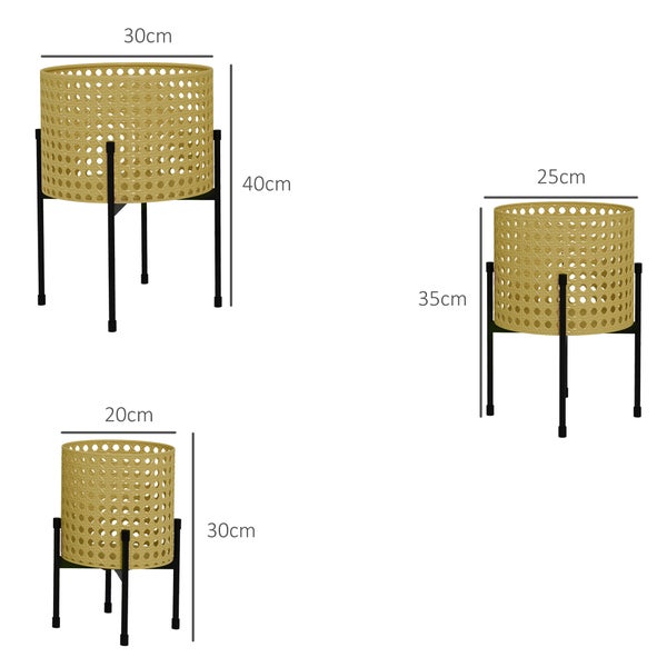 Outsunny 3er-Set Pflanzenständer Blumenständer mit Rattanoptik Pflanzenhocker Blumenhocker für Innen und Außenbereich Stahl Gold