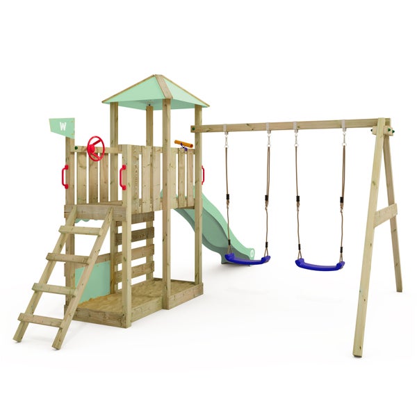 WICKEY Spielturm Klettergerüst Smart Savana mit Schaukel und Rutsche, Spielhaus mit Kletterleiter und Spiel-Zubehör – pastellgrün