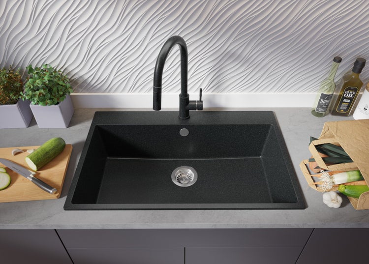 PRIMAGRAN Spülbecken Anthrazit 78x50cm, Granitspüle 1 Becken + Ablauf-Set, Küchenspüle ab 80er Unterschrank - Riga
