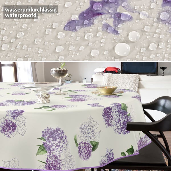 Tischdecke mit Hortensienmuster und wasserabweisender Oberfläche auf einem Tisch
