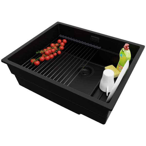 PRIMAGRAN Unterbauspüle Granit Alles Weiß 56x47cm, Spülbecken 1 Becken + Küchenarmatur 40x20cm + Ablauf-Set, Granitspüle ab 60er Unterschrank - London