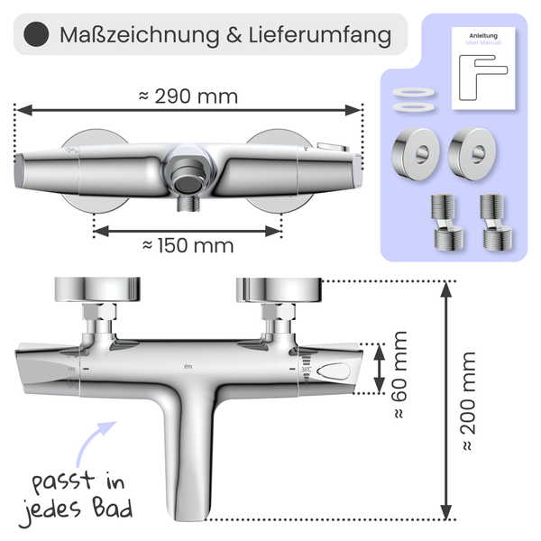 Maßzeichnung und Lieferumfang einer Armatur mit den Maßen 290 mm Breite, 150 mm Ausladung, 60 mm Höhe und 200 mm Gesamthöhe, inklusive Montageanleitung und Zubehör