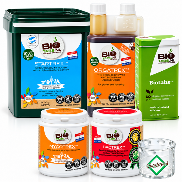 Biotabs Set mit Startrex Bodenzusatz, Orgatrex Dünger, Biotabs Düngertabletten, Mycotrex und Bactrex für biologisches Pflanzenwachstum.