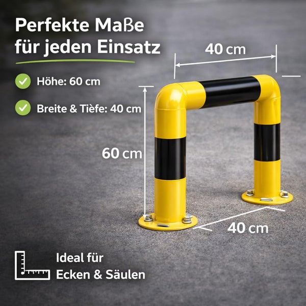 Gelb-schwarz gestreifter Rammschutzbügel aus Stahl, Höhe 60 Zentimeter, Breite 40 Zentimeter, Tiefe 40 Zentimeter.