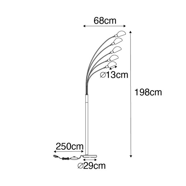 Technische Zeichnung einer Stehlampe mit fünf Leuchtenarmen und Maßangaben.