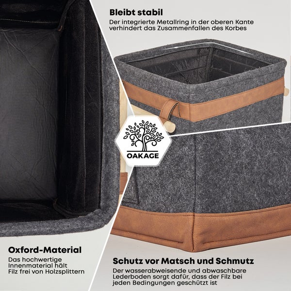 OAKAGE® FireMaster Duo Dunkelgrau Holzkorb Filz - Einhängbarer Zündholzkorb - 42x32x35cm