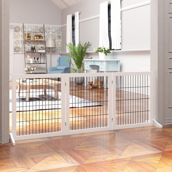 PawHut Absperrgitter für Hunde Schutzgitter Hundegitter mit Stützfüßen Treppengitter Hundeabsperrgitter Türschutzgitter für Kamin & Ofen, Kiefernholz Weiß 185 x 36 x 71 cm