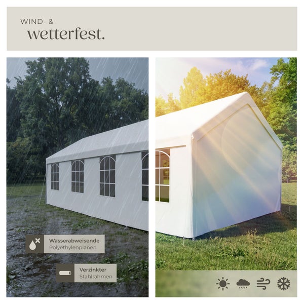Wetterfestes Partyzelt mit Fenstern, wasserabweisenden Polyethylenplanen und verzinktem Stahlrahmen. Geeignet bei Sonne, Regen, Wind und Schnee.