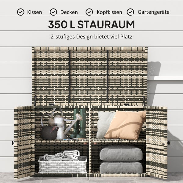 Outsunny Rattan Auflagenbox 350L 2-Ebenne wetterfest Kissenbox mit Deckel Hebestangen Tragegriffe UV-beständig Gartenbox Aufbewahrungsbox Gartentruhe für Garten Terrasse Balkon 118x57x69 cm Mischgrau